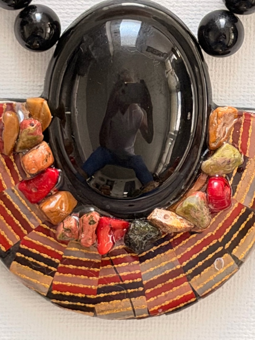 Black Beaded Necklace with Ceramic Sculpted Detailed Pendant
